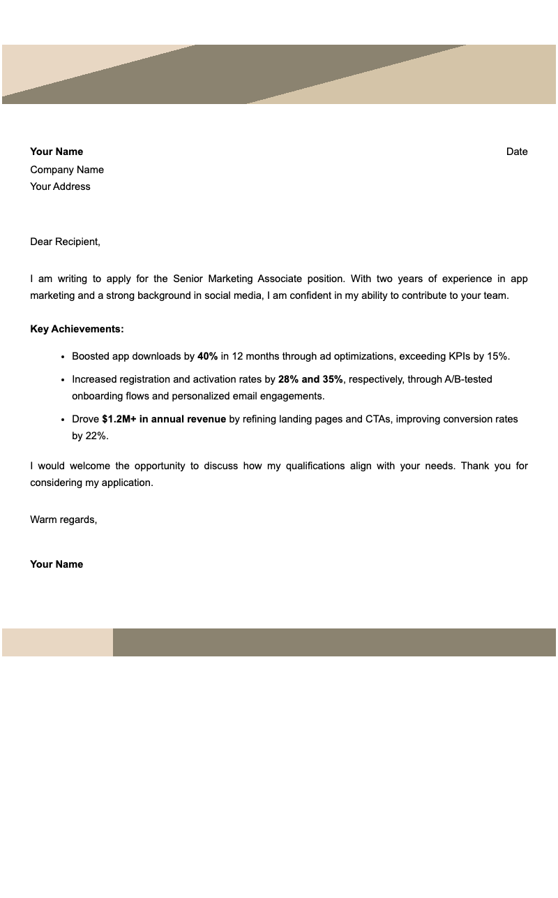 Simple yellow cover letter - Professional job application cover letter template with golden header accents, optimized for highlighting achievements and qualifications.